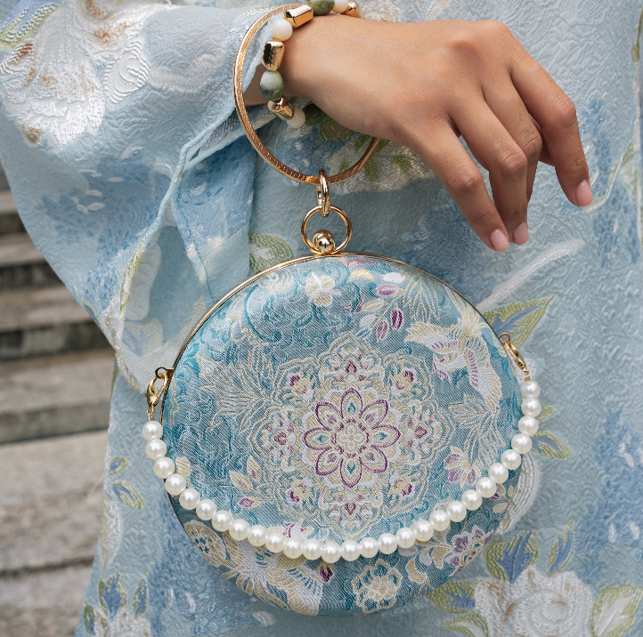 Vietnamese Embroidery - “Nguyệt Tú” – Silk Brocade Round Clutch with Metal Handle - detail close-up in blue by Moc - Bags