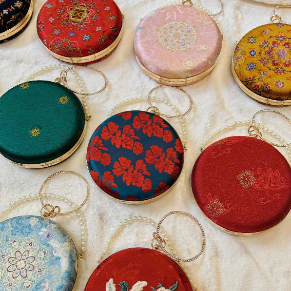 “Nguyệt Tú” – Silk Brocade Round Clutch with Metal Handle