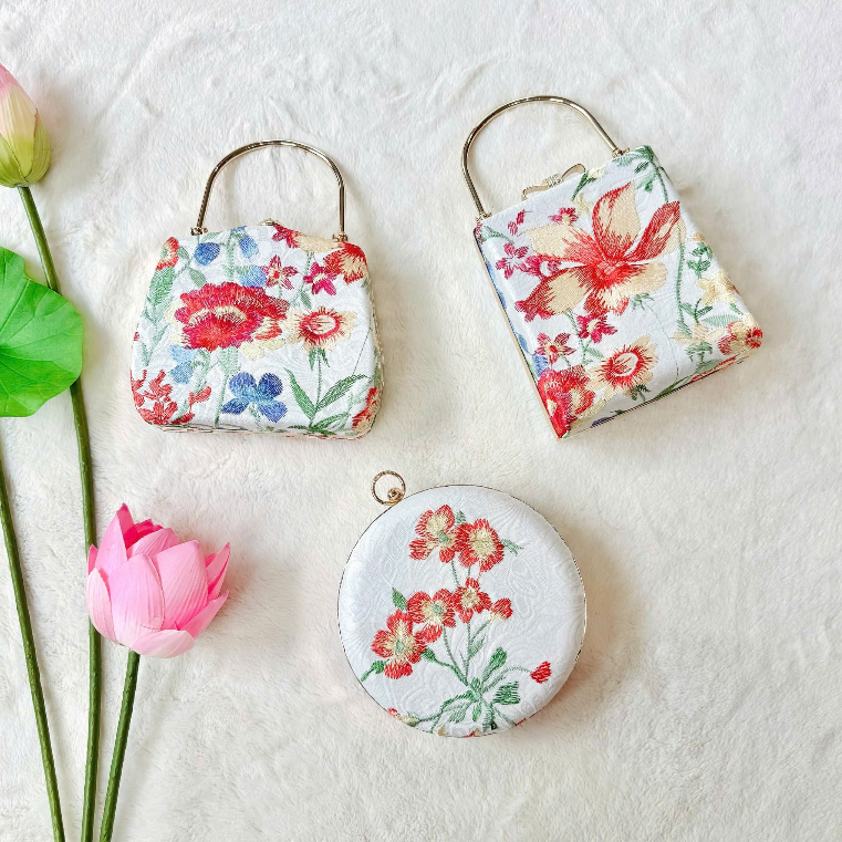 “Nguyệt Tú” – Silk Brocade Round Clutch with Metal Handle