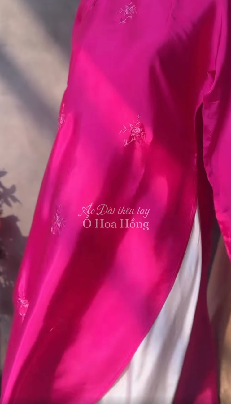 Rose Bunches Ao-dai Set - Premium Hand-embroidered Wormsilk in Fuschia - detail close-up by Moc Nhieu