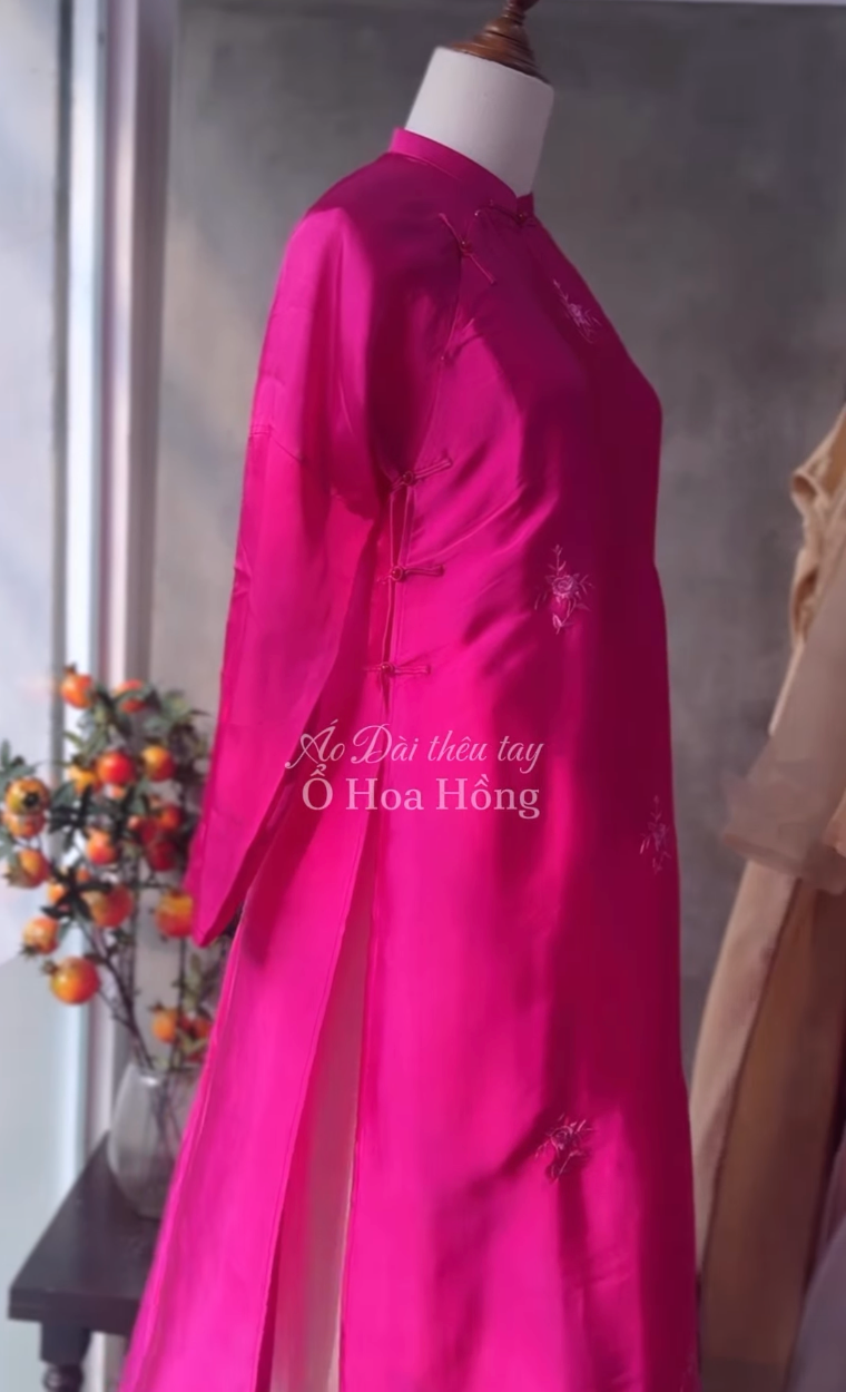 Rose Bunches Ao-dai Set - Premium Hand-embroidered Wormsilk in Fuschia - side profile by Moc Nhieu