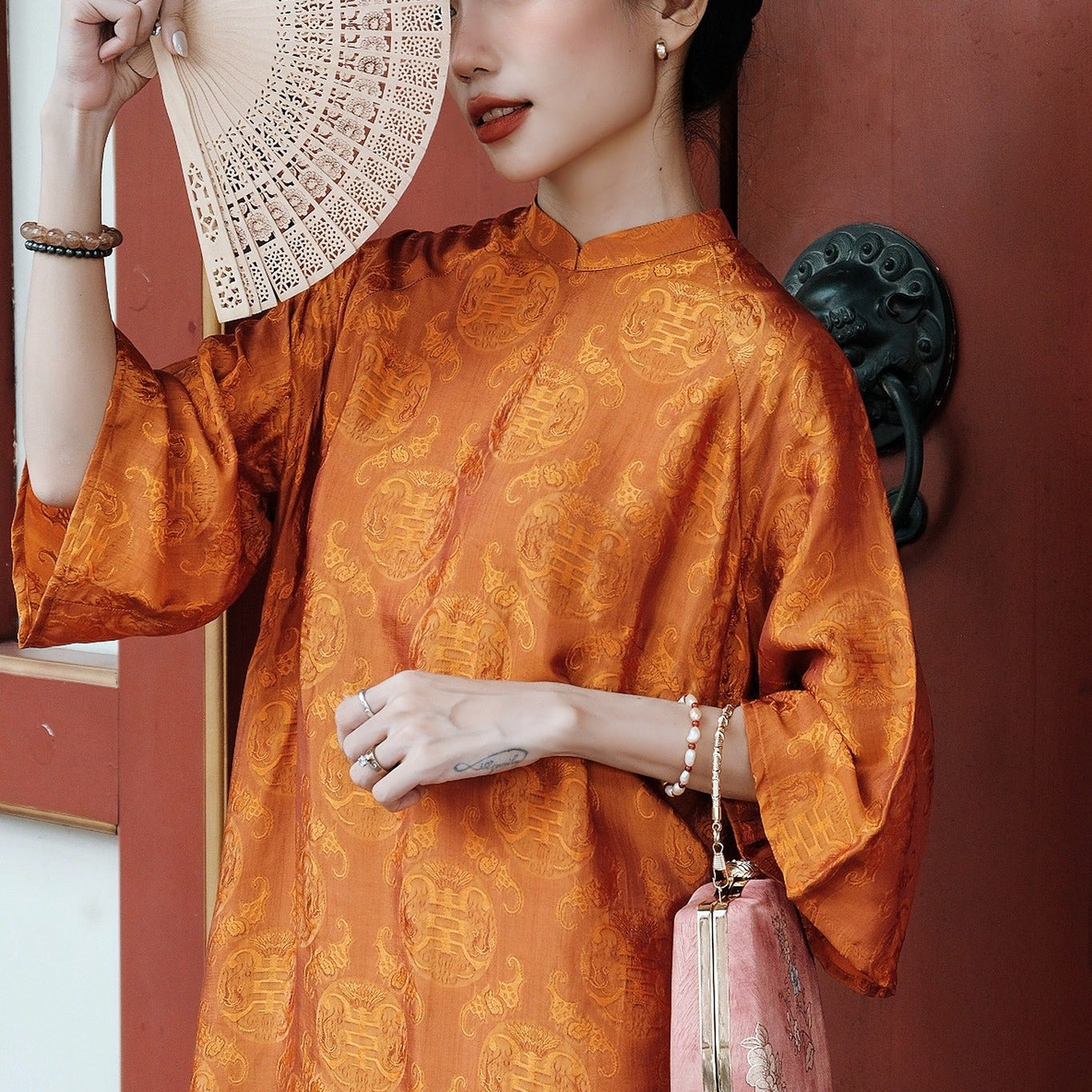 Vietnamese Embroidery - Tho Doi Ao Dai set - Wormsilk in Orange [Modern cut] - front view in brocade in orange by Moc