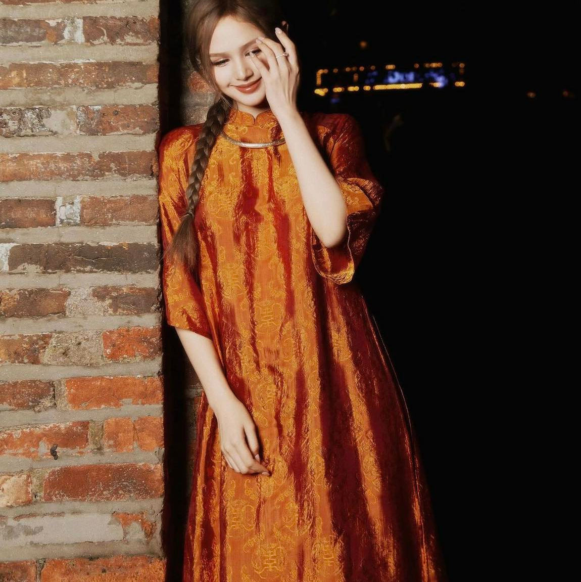 Vietnamese Ao Dai - Tho Doi Ao Dai set - Wormsilk in Orange [Modern cut] - front view in brocade in orange by Moc