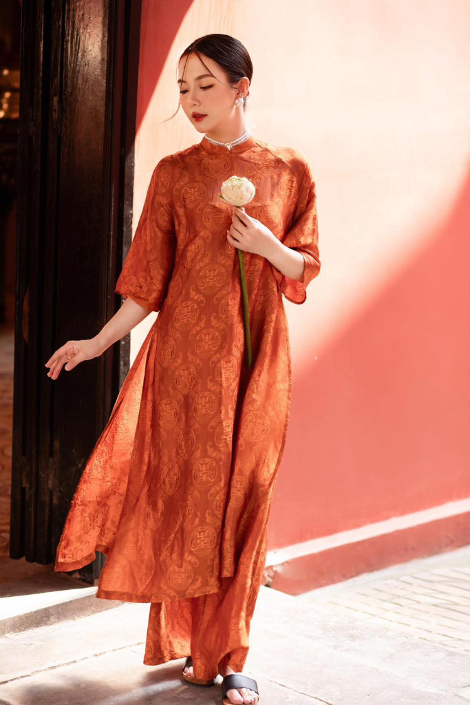 Vietnamese Ao Dai - Tho Doi Ao Dai set - Wormsilk in Orange [Modern cut] - front view in orange by Moc