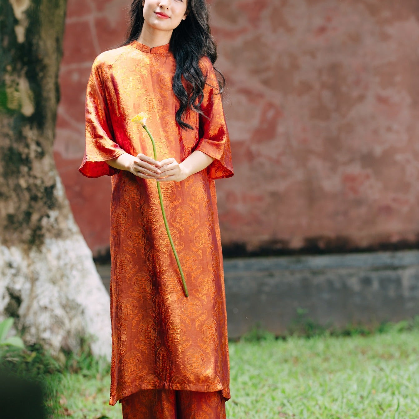 Vietnamese Ao Dai - Tho Doi Ao Dai set - Wormsilk in Orange [Modern cut] - front view in brocade in orange by Moc