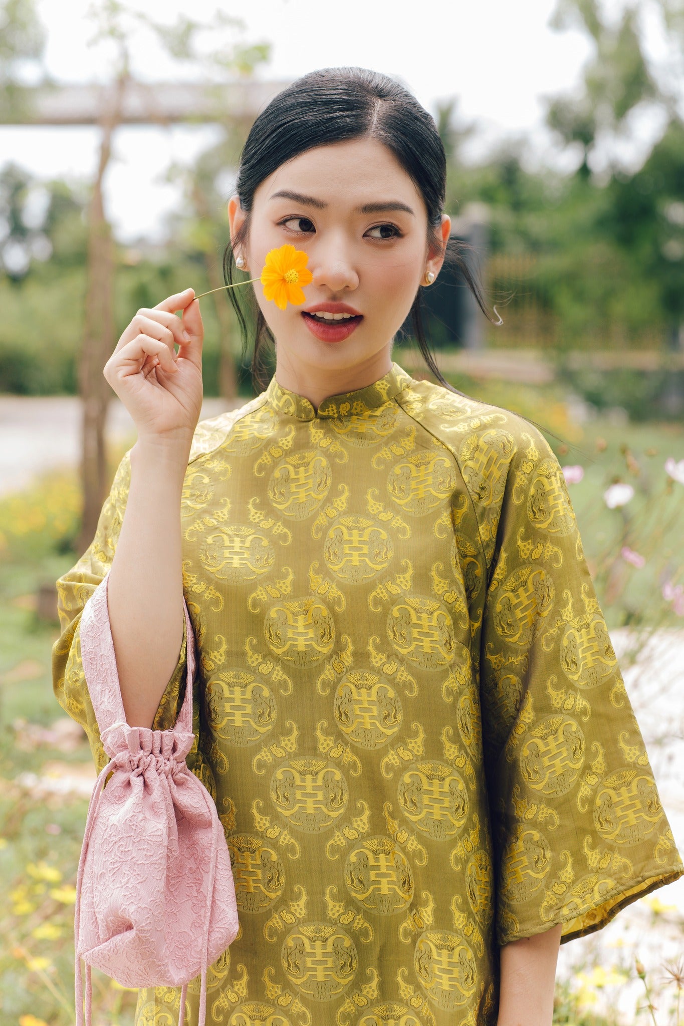 "Loc Tho Ao Dai set in light moss wormsilk with traditional jacquard pattern, Vietnamese dress by Moc."