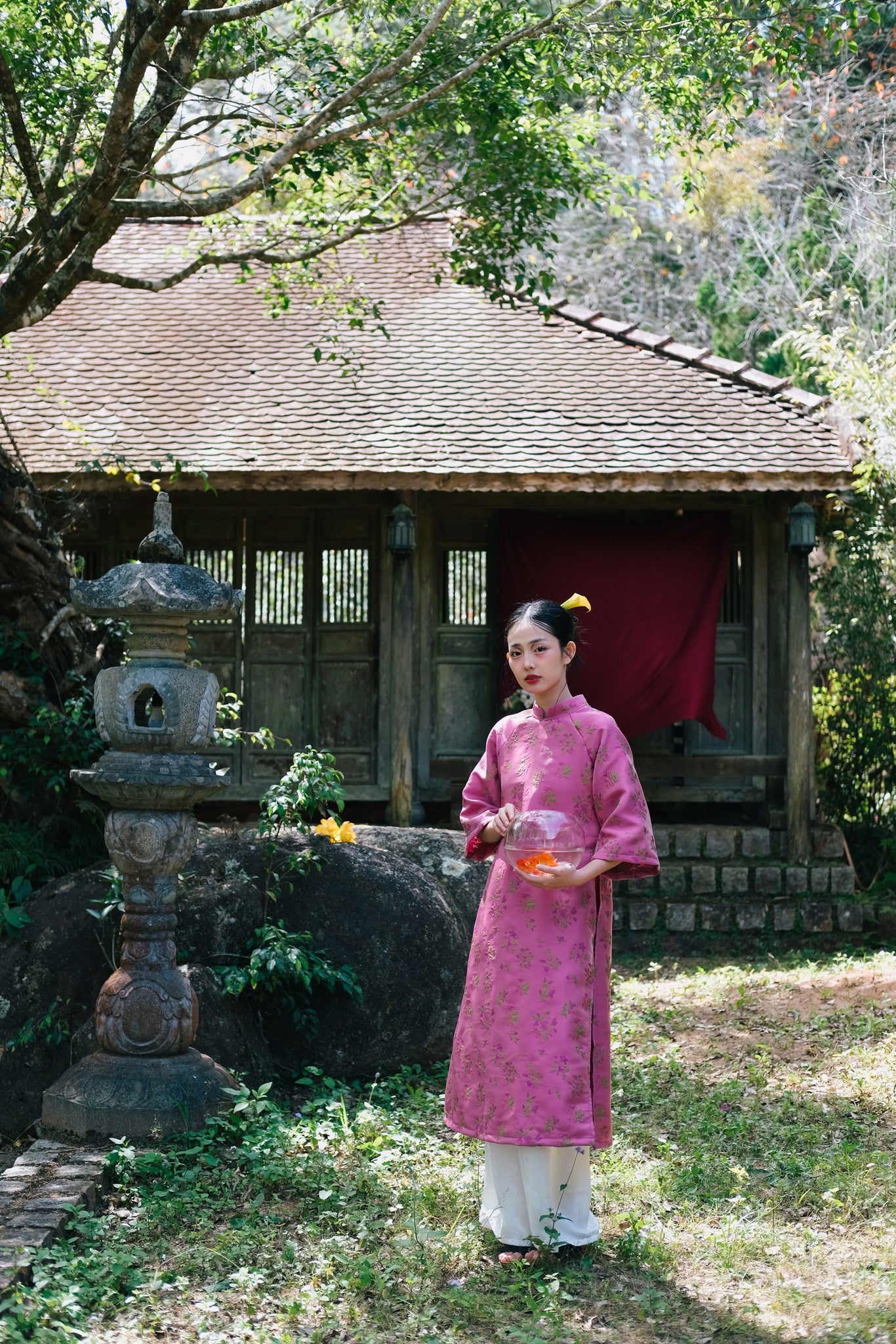 "Tu Dinh Huong Ao Dai set in pink silk with jacquard floral pattern, traditional Vietnamese dress by Moc."