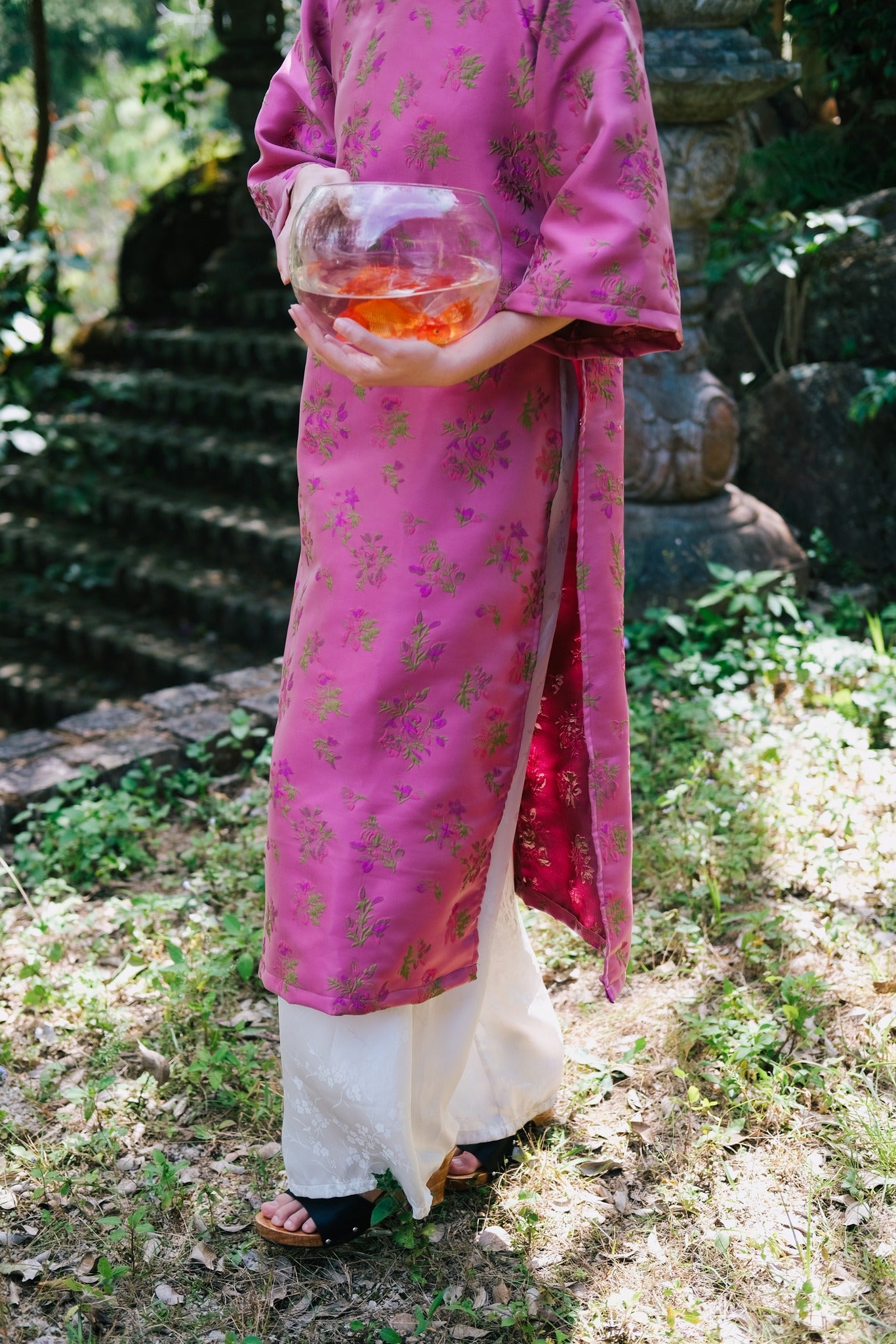 "Tu Dinh Huong Ao Dai set in pink silk with jacquard floral pattern, traditional Vietnamese dress by Moc."