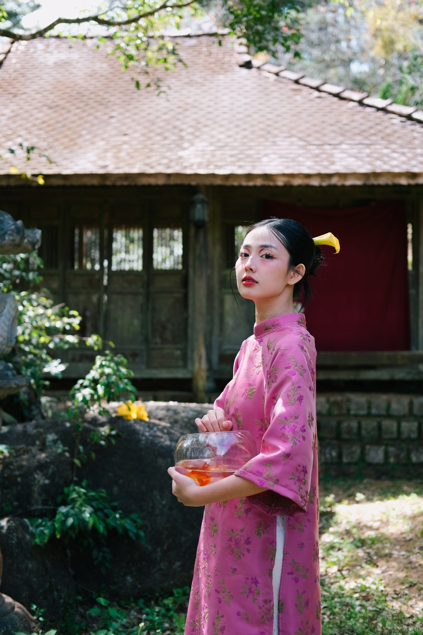 "Tu Dinh Huong Ao Dai set in pink silk with jacquard floral pattern, traditional Vietnamese dress by Moc."