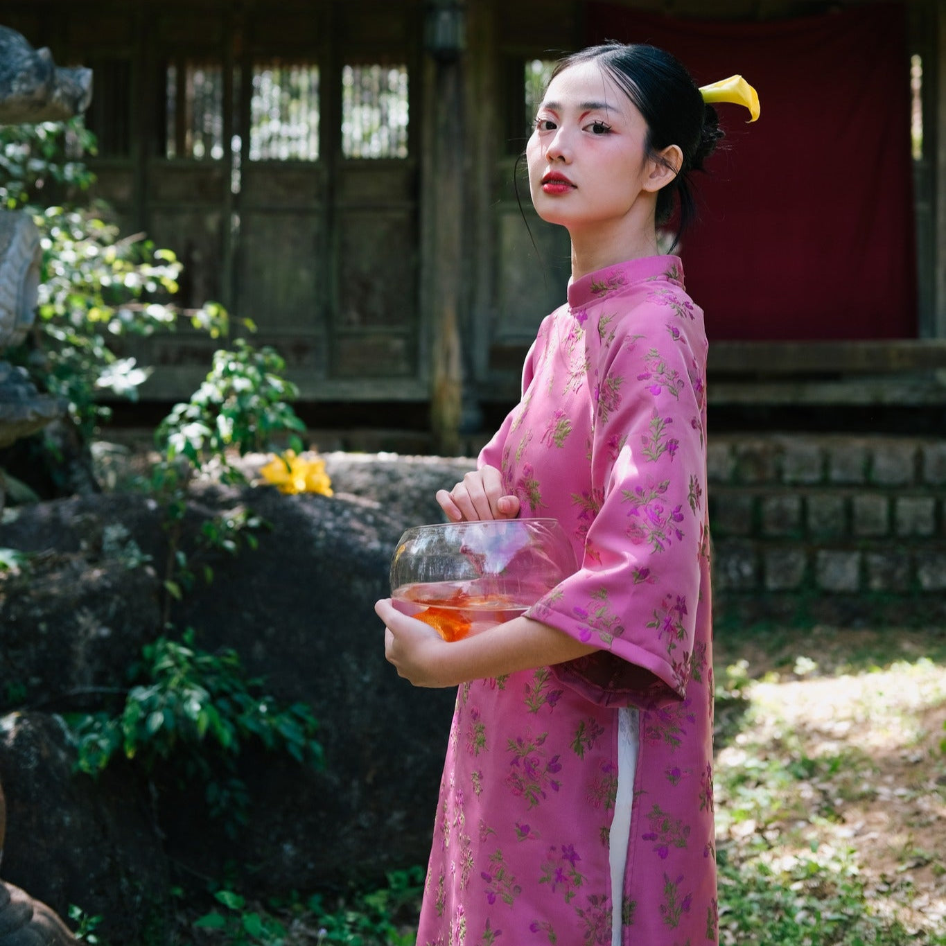 "Tu Dinh Huong Ao Dai set in pink silk with jacquard floral pattern, traditional Vietnamese dress by Moc."
