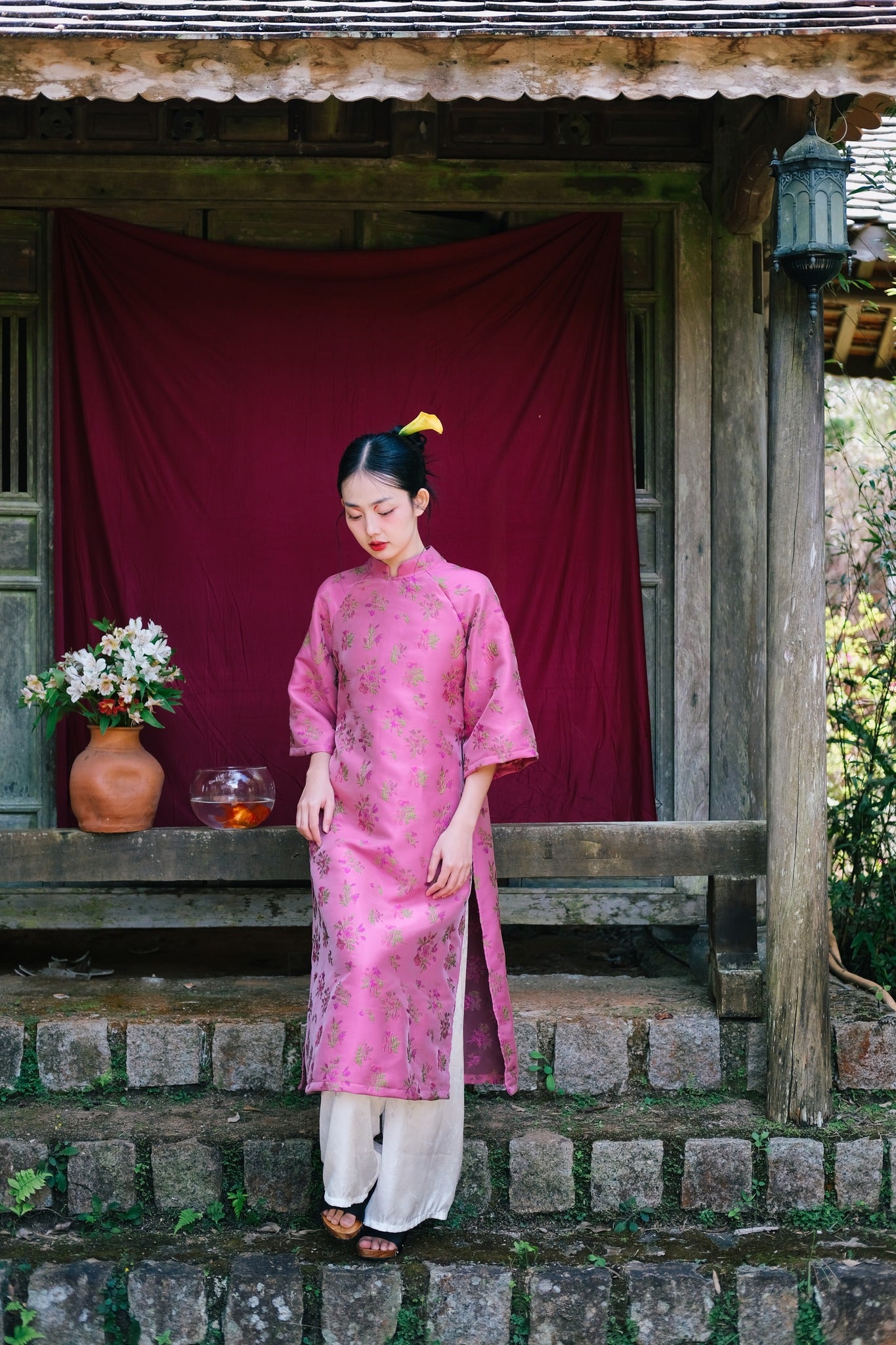 "Tu Dinh Huong Ao Dai set in pink silk with jacquard floral pattern, traditional Vietnamese dress by Moc."