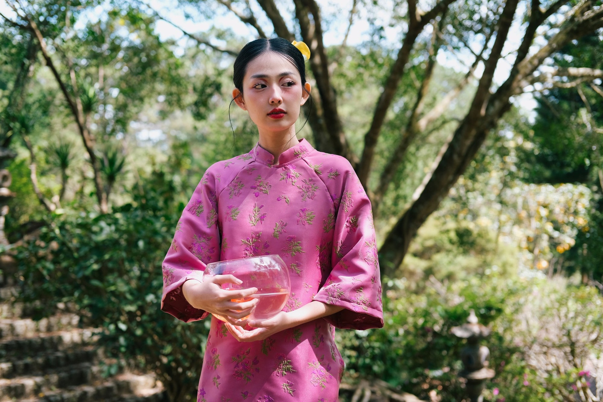 "Tu Dinh Huong Ao Dai set in pink silk with jacquard floral pattern, traditional Vietnamese dress by Moc."