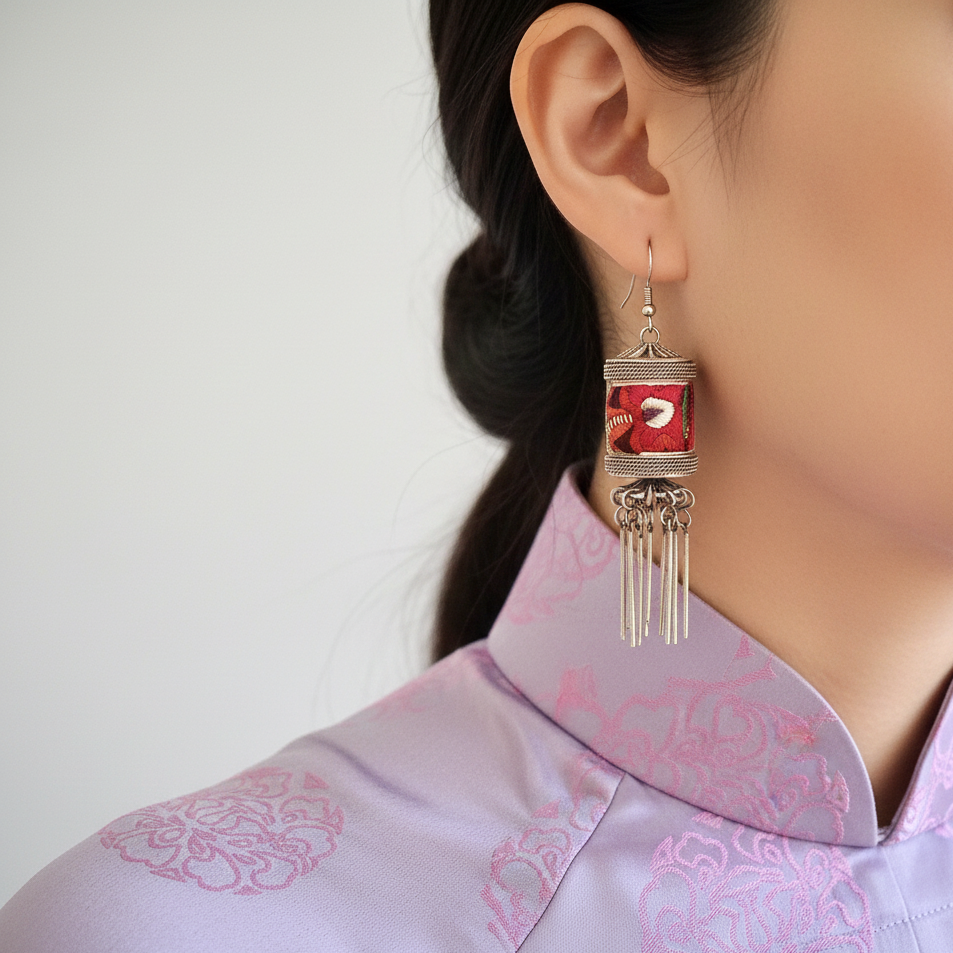 Bloom handcrafted red silk embroidered earrings with sterling silver detail
