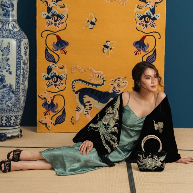 “Phượng Vũ” – Hand-Embroidered Velvet Handbag with Fine Silvery/Brass Handle - styled presentation by Tho