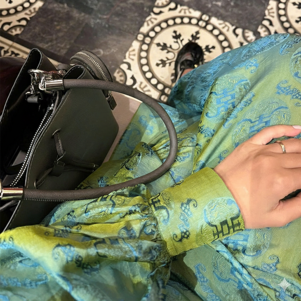 KY Ao-Ngan (Shorter version of Ao-dai) with Balloon Sleeve - Wormsilk - detail close-up by Huyen Collection