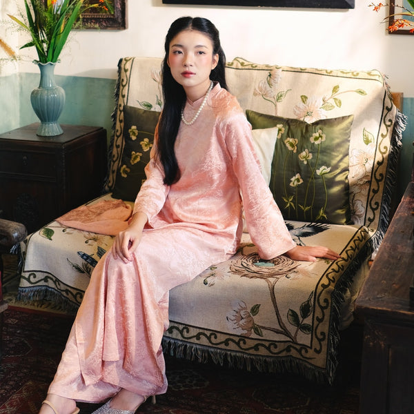Van Sa Ao Dai set - Premium Hangzhou Silk in Blush Rose [Traditional Cut] - styled presentation by Moc