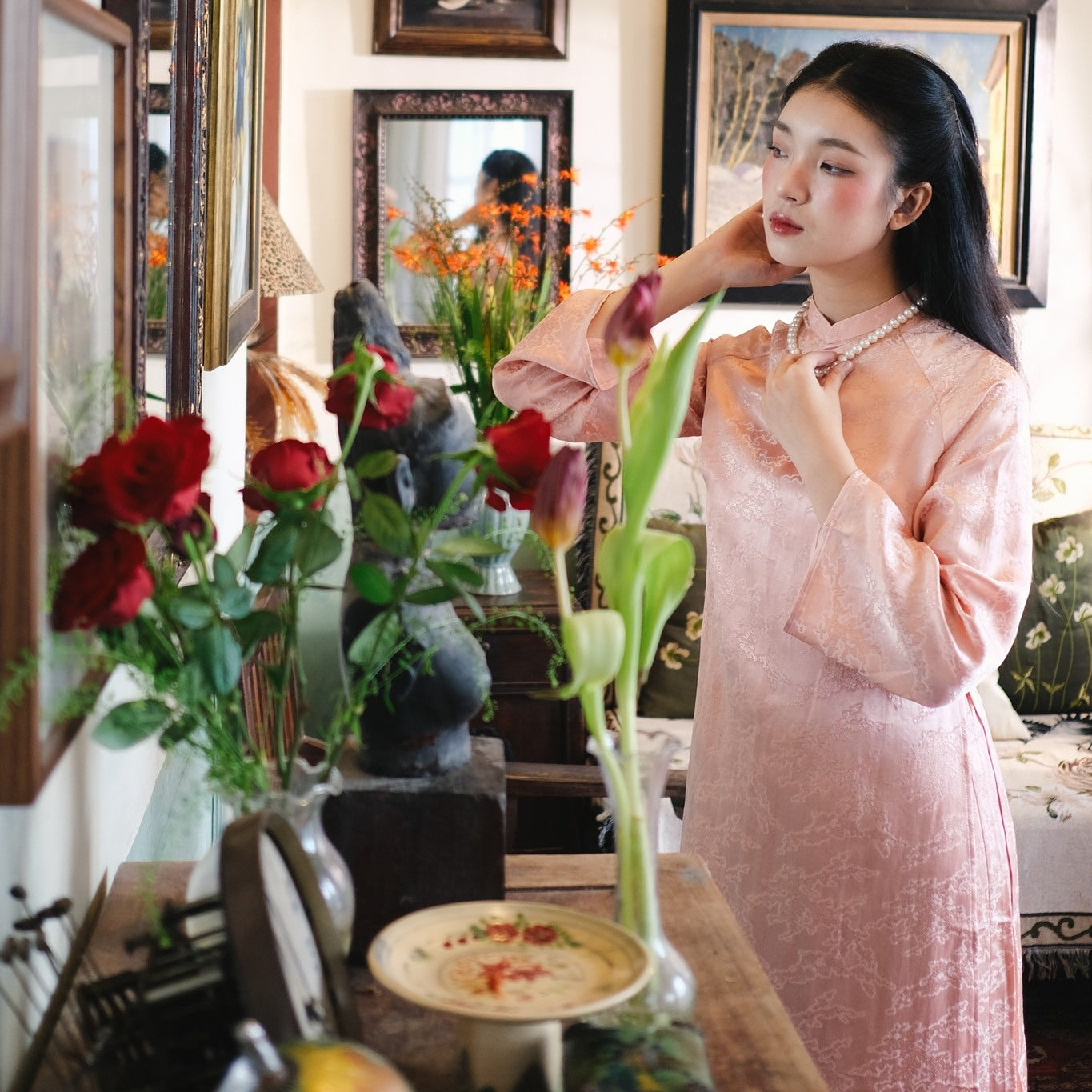 "Van Sa Ao Dai set in blush rose Hangzhou silk, traditional Vietnamese dress with jacquard pattern."