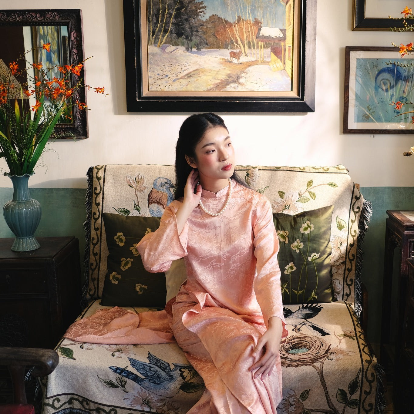 Van Sa Ao Dai set - Premium Hangzhou Silk in Blush Rose [Traditional Cut] - styled presentation by Moc