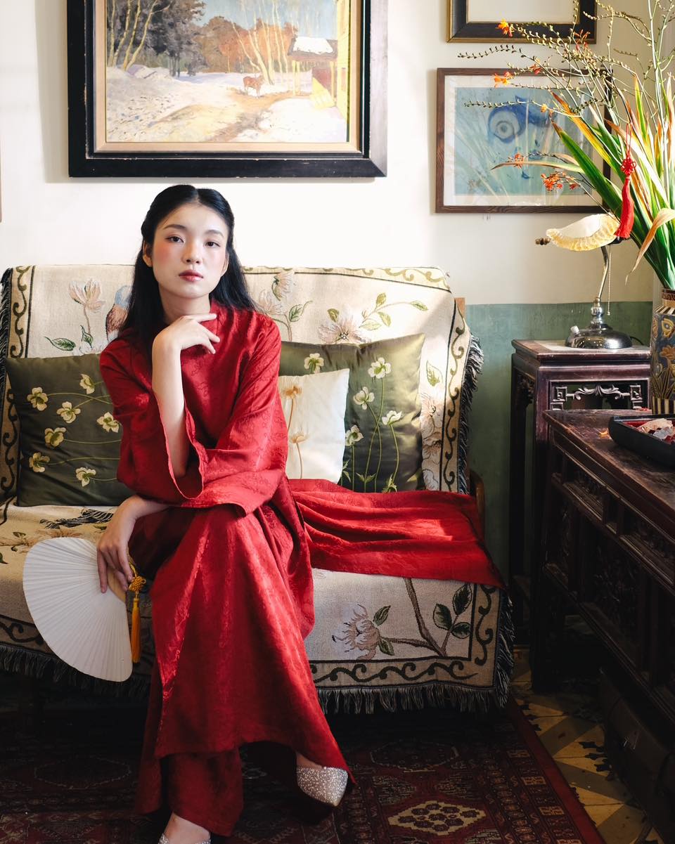 "Van Sa Ao Dai set in red premium Hangzhou silk, traditional Vietnamese dress by Moc"