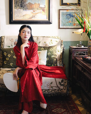 "Van Sa Ao Dai set in red premium Hangzhou silk, traditional Vietnamese dress by Moc"