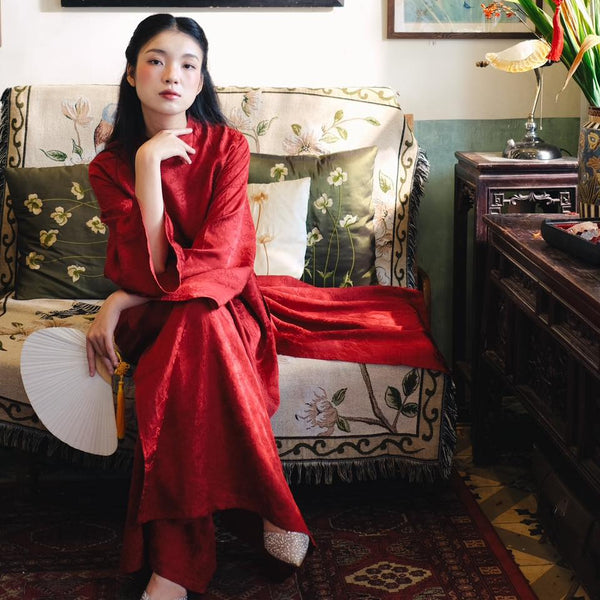 "Van Sa Ao Dai set in red premium Hangzhou silk, traditional Vietnamese dress by Moc"