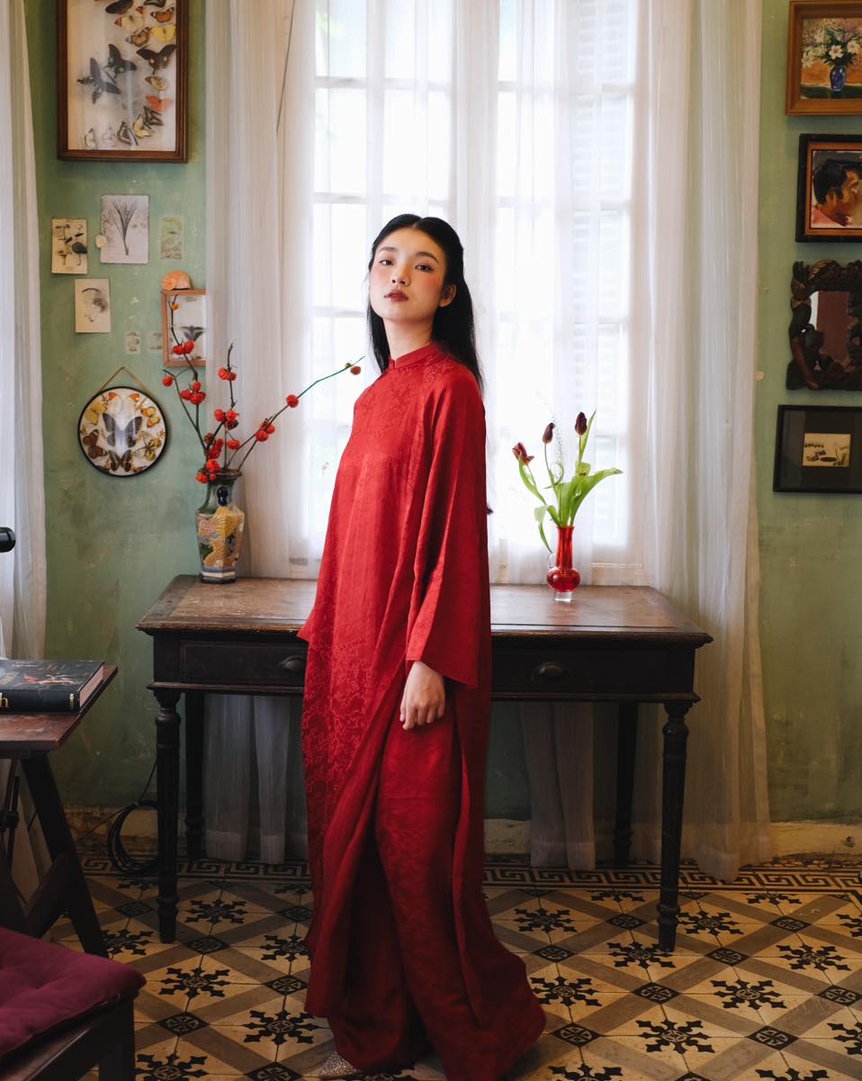 "Van Sa Ao Dai set in red premium Hangzhou silk, traditional Vietnamese dress by Moc"