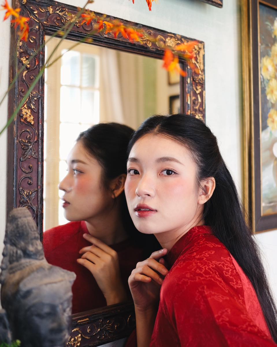 "Van Sa Ao Dai set in red premium Hangzhou silk, traditional Vietnamese dress by Moc"