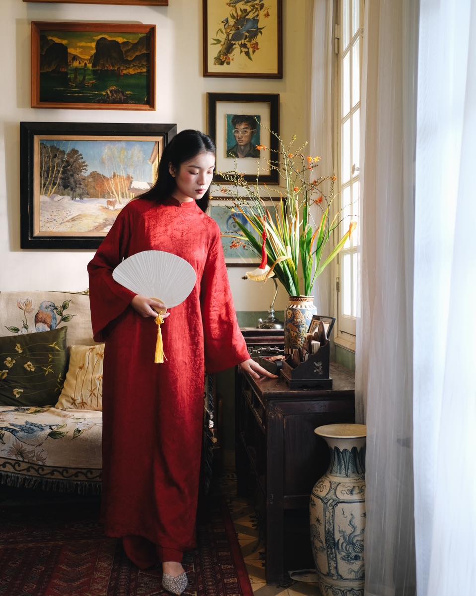"Van Sa Ao Dai set in red premium Hangzhou silk, traditional Vietnamese dress by Moc"