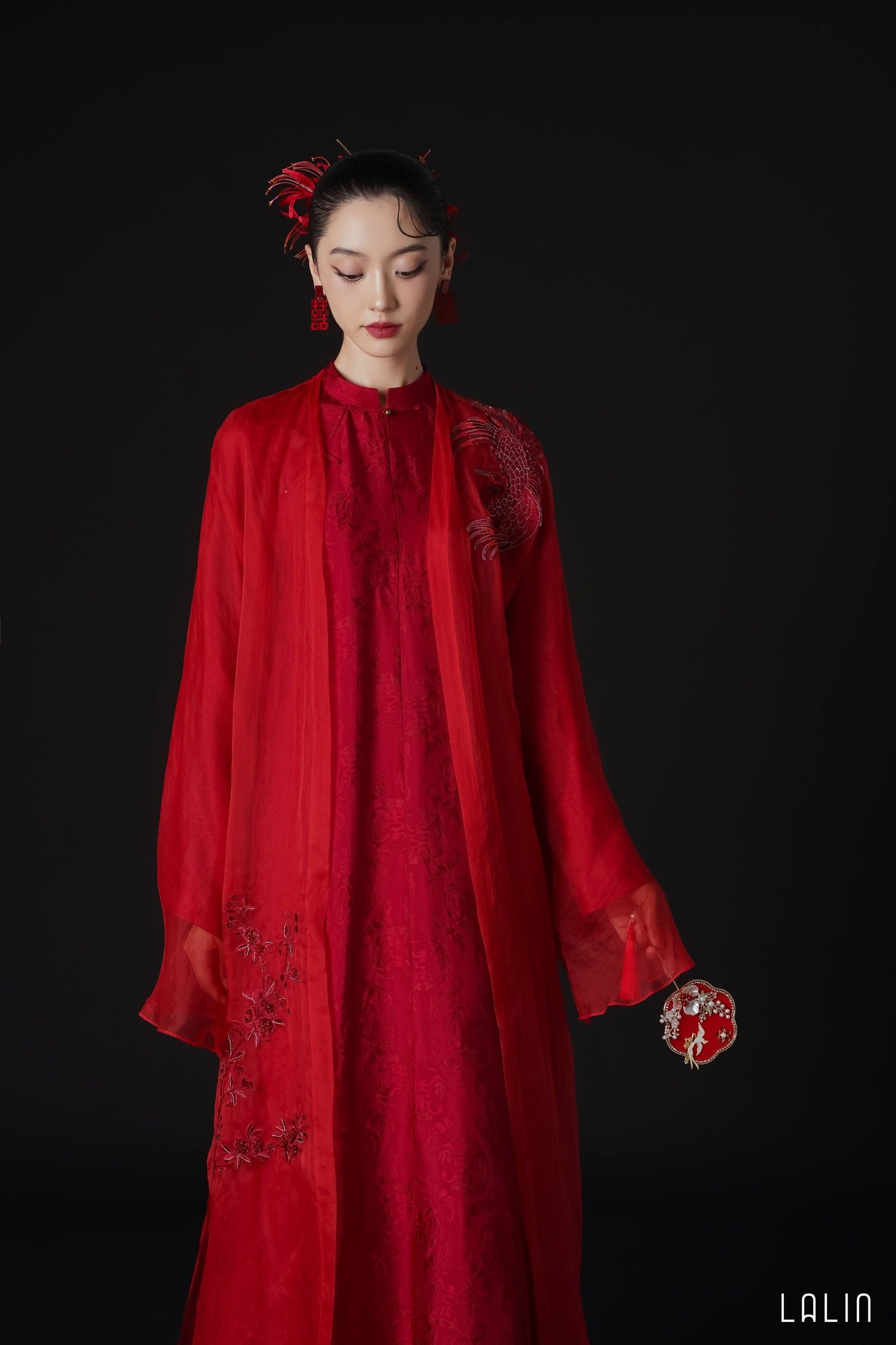 "Hy Loan Ao Dai set in crimson silk, traditional Vietnamese dress by Lalin"