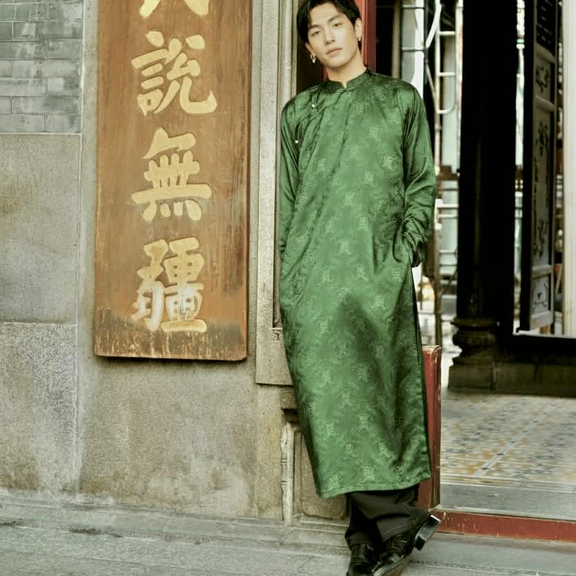 Vietnamese Ao Dai - Loc Tho Ao Dai for Men - Wormsilk - front view in brocade in green by Moc - Men