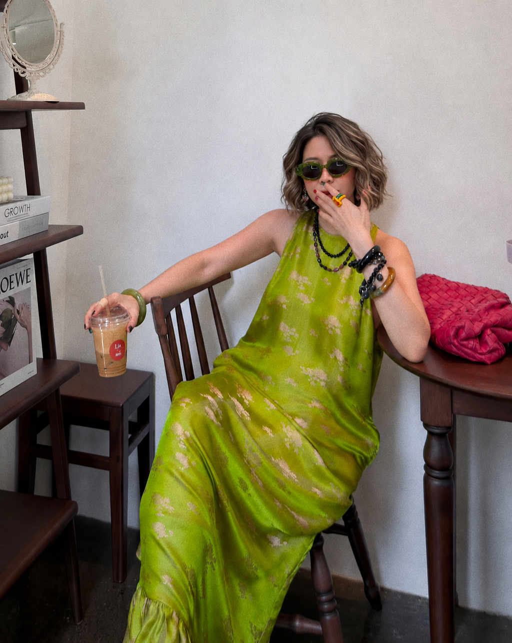 “Chartreuse Reverie” Halter Dress – Reverse Wormsilk in Green