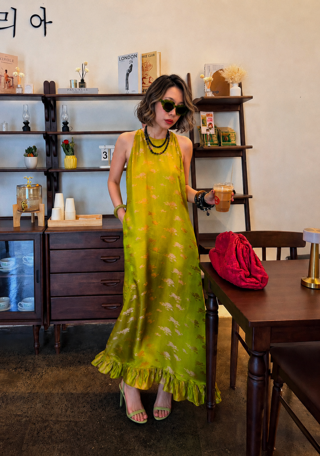 “Chartreuse Reverie” Halter Dress – Reverse Wormsilk in Green