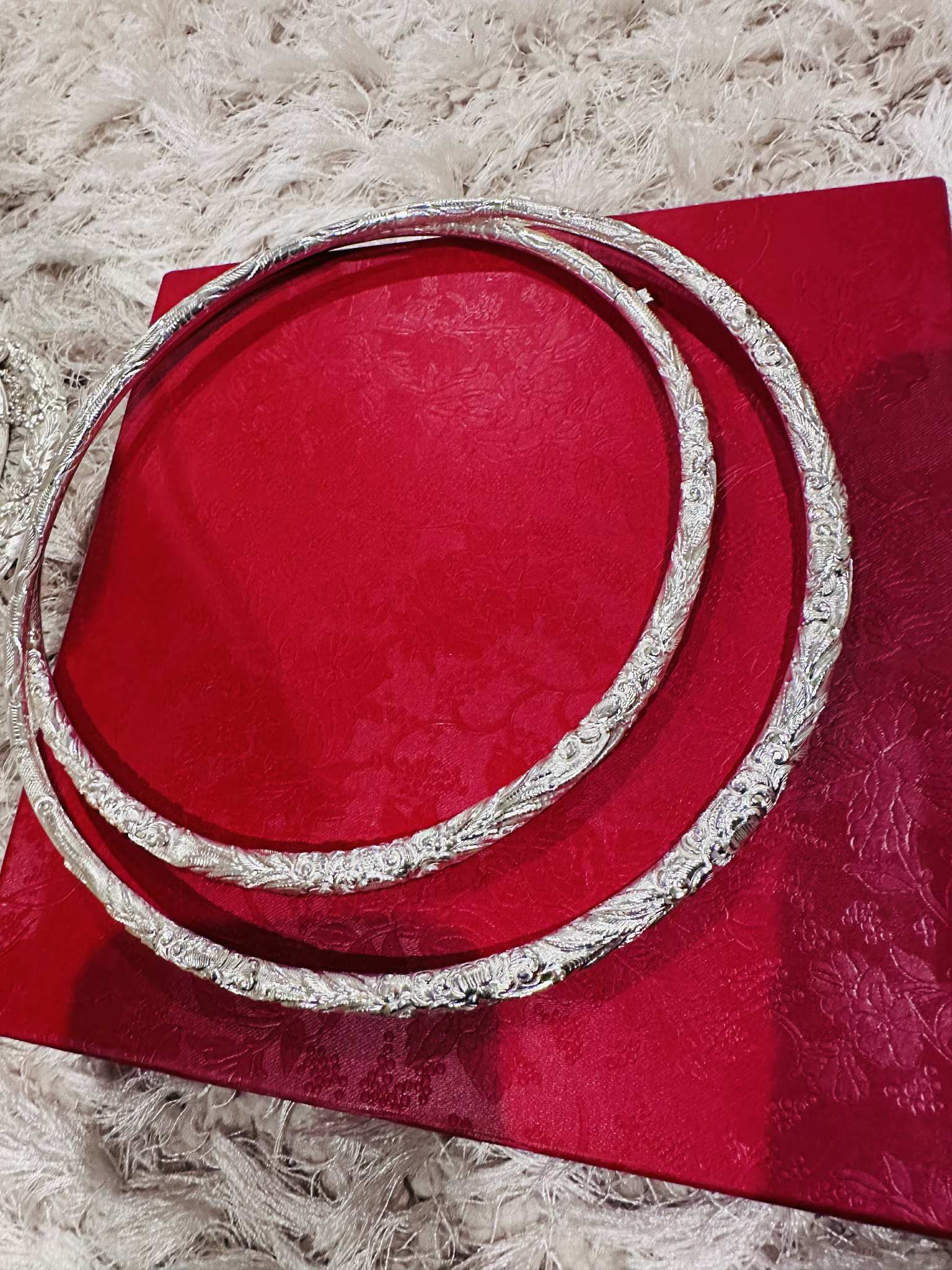 Vietnamese Silver - Mẫu Đơn Vân Torque Necklace in Fine-silver in Peony Pattern - flat lay display in silver by HI de Maison