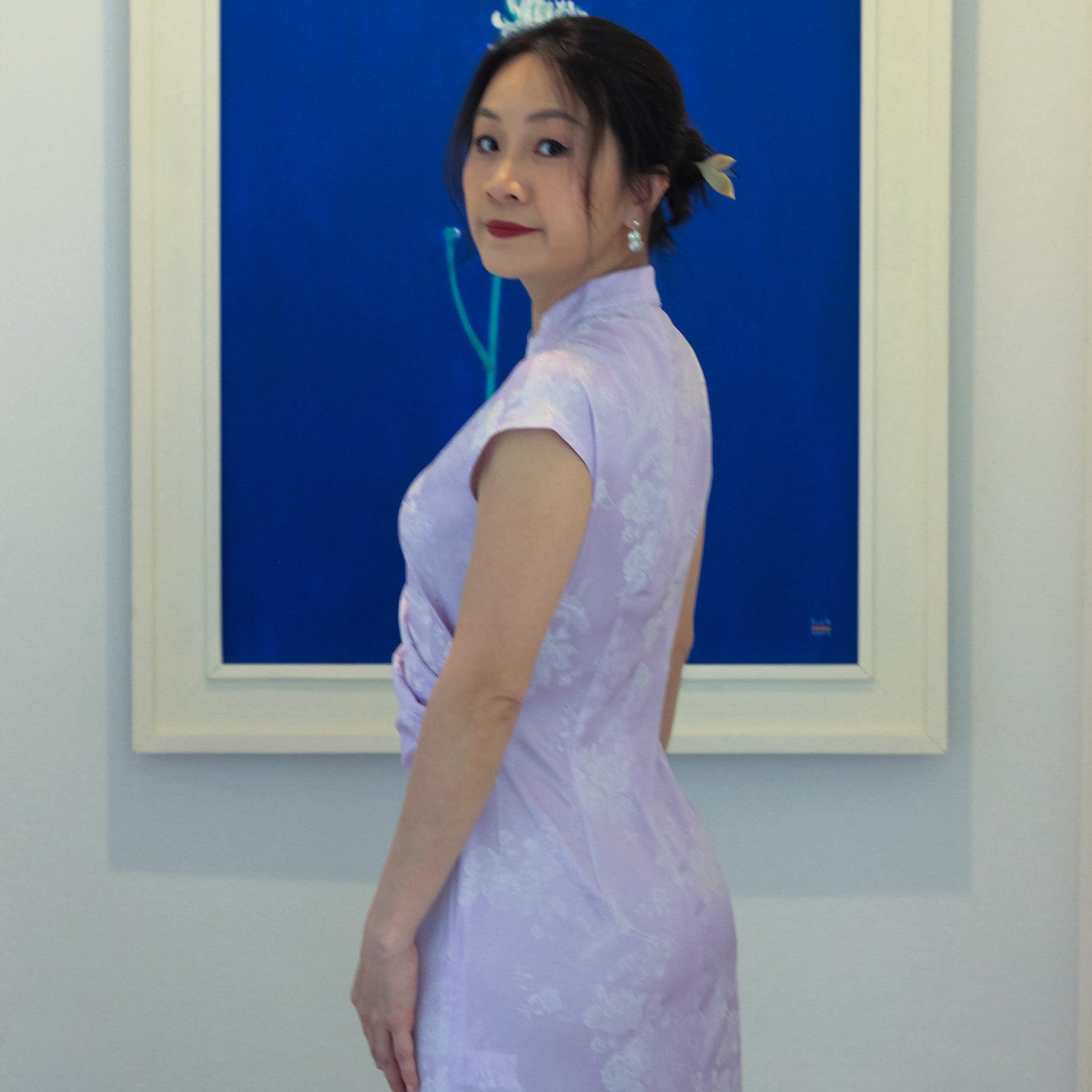 Hương Trầm - Sleeveless Cheongsam in Lavender with Jacquard weave - side profile by Hy Phuong