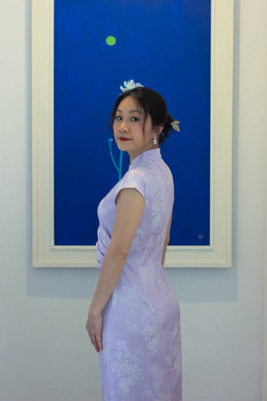 "Hương Trầm" - Sleeveless Cheongsam in Lavender with Jacquard weave