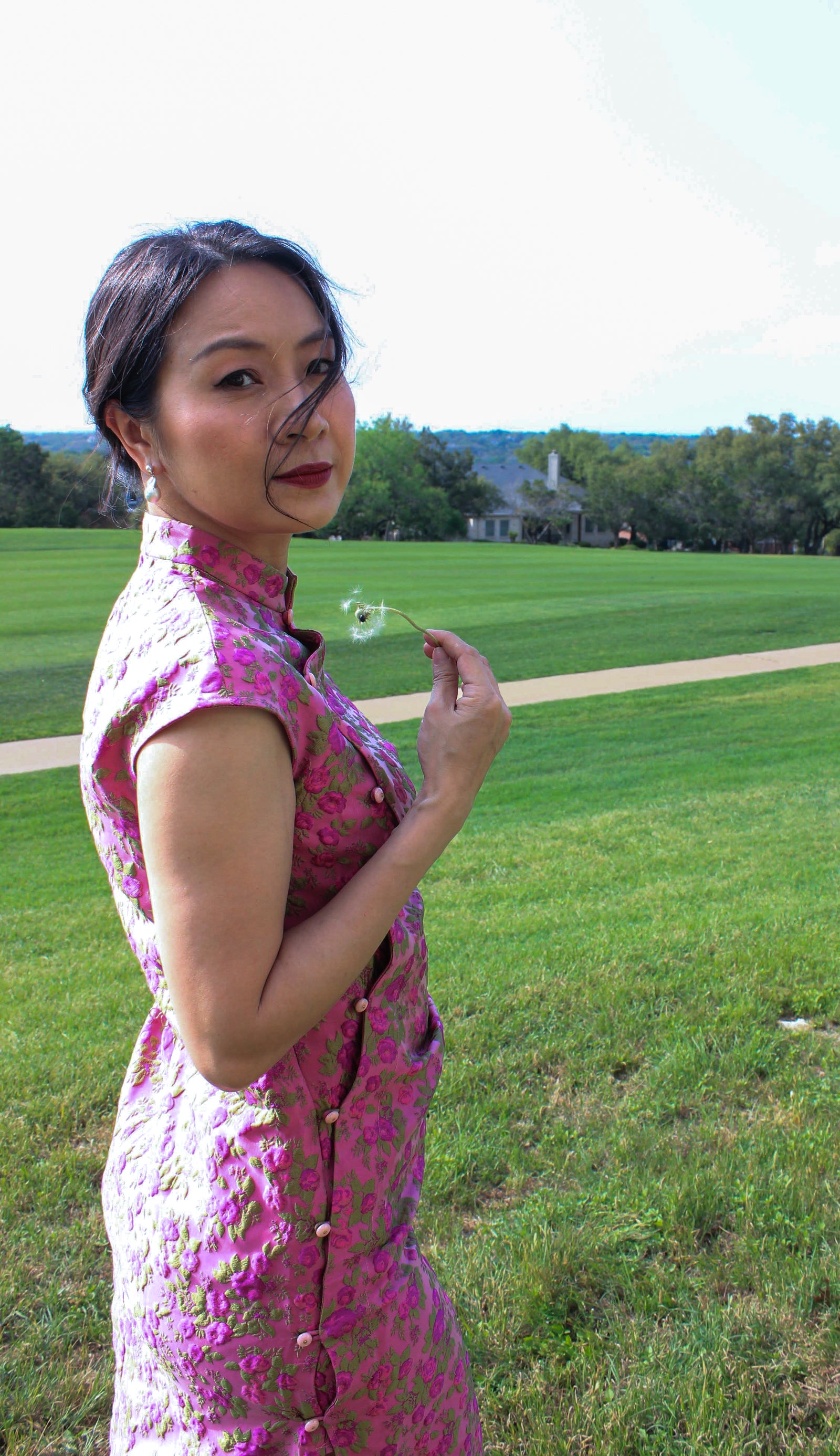 Vietnamese Embroidery - Hương Trầm - Sleeveless Brocade Cheongsam - side profile in pink by Hy Phuong
