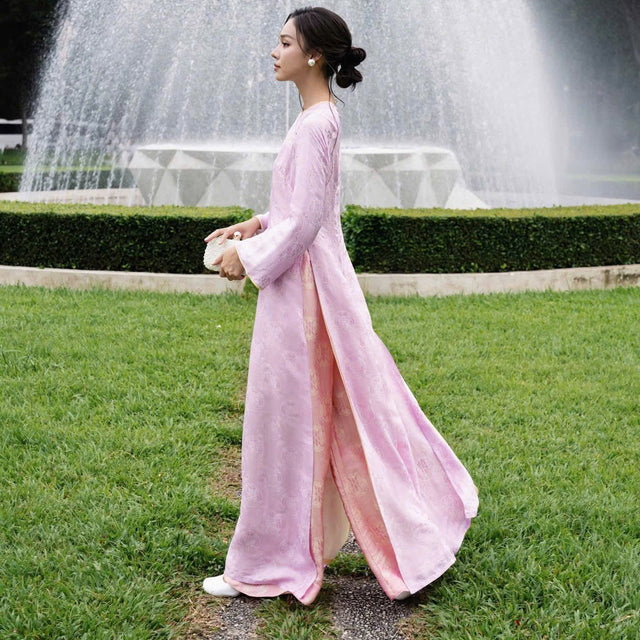 "Cam Tu" Ao-dai Set- Embellished Double-layered Ao Dai Set in Lilac Wormsilk