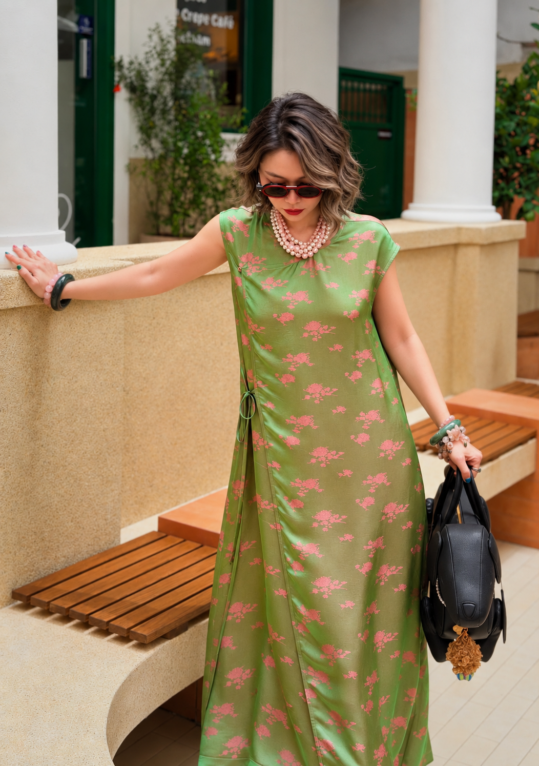 “Jade Reverie” Draped Dress  – Satin Wormsilk Satin in Jade & Blush