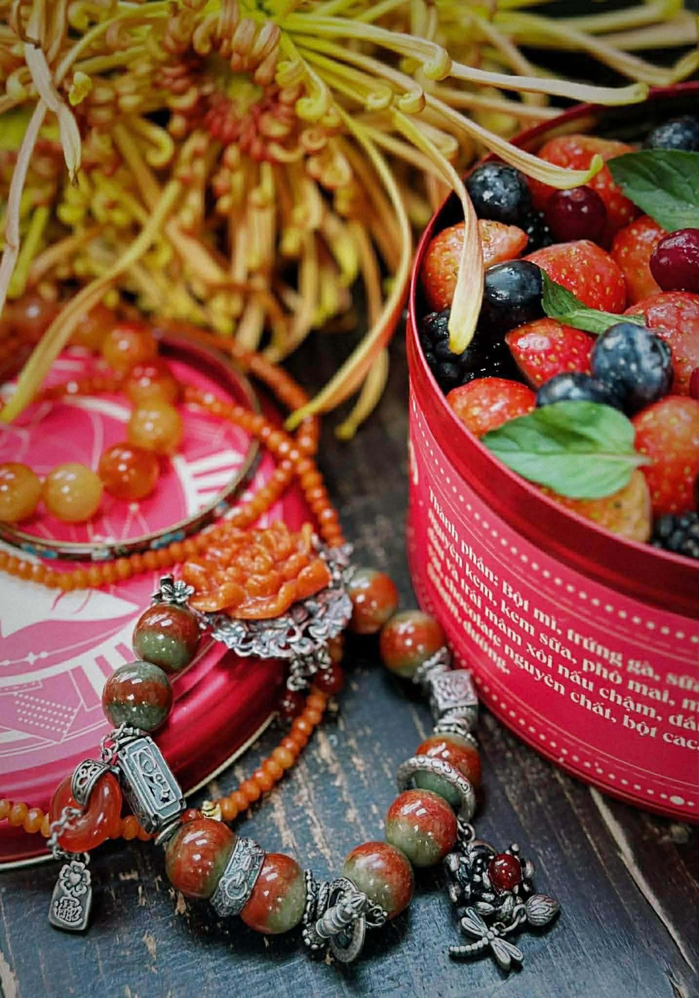 Vietnamese Silver - “Hỏa Mộc Cát Tường” – Two-Tone Jade Bracelet in Earth Flame - flat lay display in red by HI de Maison