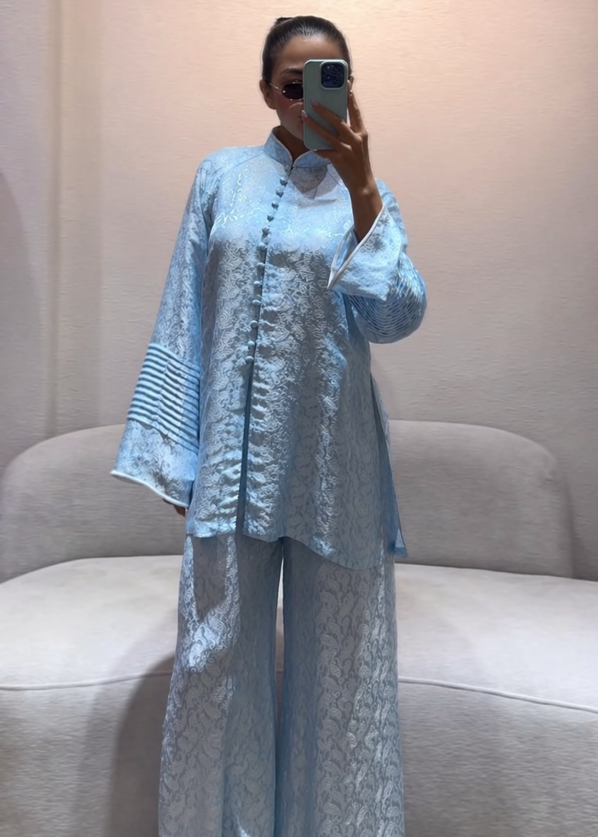 “Celestial Silk” – Wormsilk Modern Áo Bà Ba in Sky Blue with Pleated Sleeve - front view by Ngoc Bui