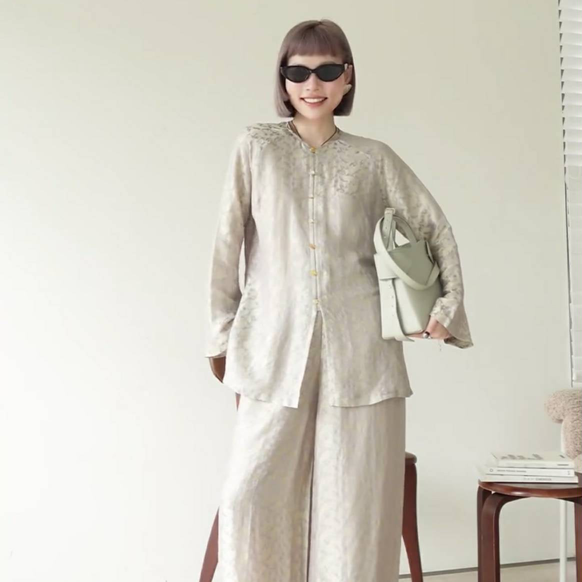 Premium wormsilk Ao Ba Ba set in pearl beige, full length traditional Vietnamese outfit