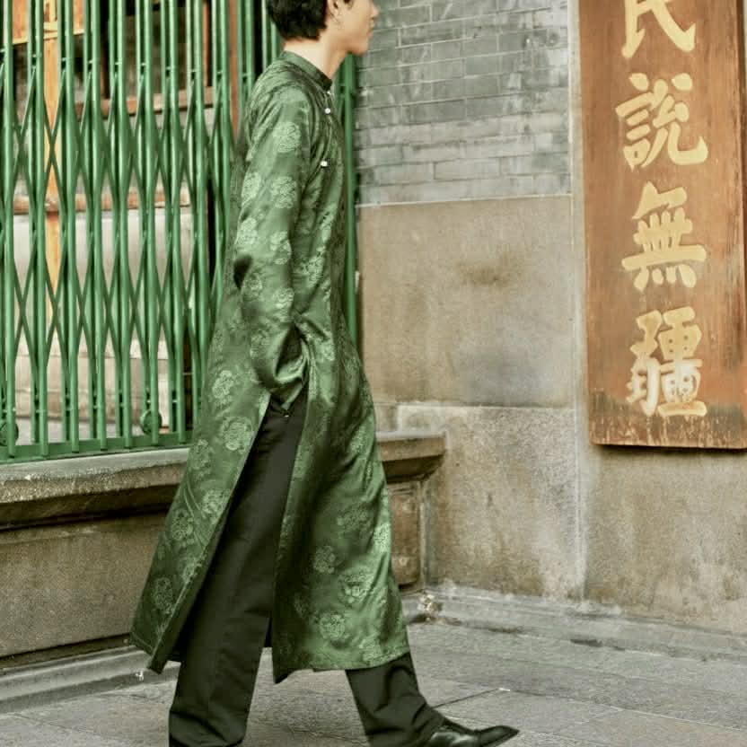Vietnamese Ao Dai - Loc Tho Ao Dai for Men - Wormsilk - side profile in brocade in green by Moc - Men