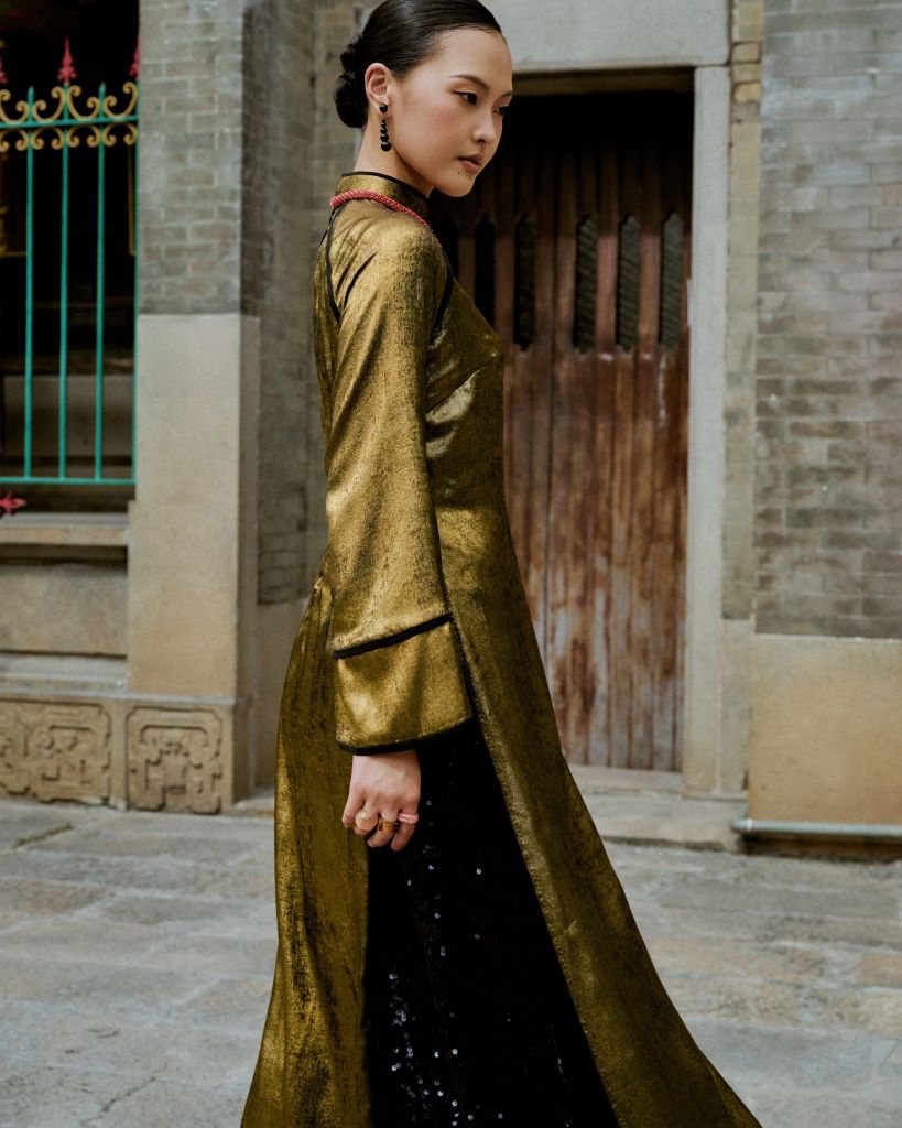 Gilded Whisper Ao Dai Set - Metallic Silk in Champagne Gold with Sequined Pants - side profile by Bonjour