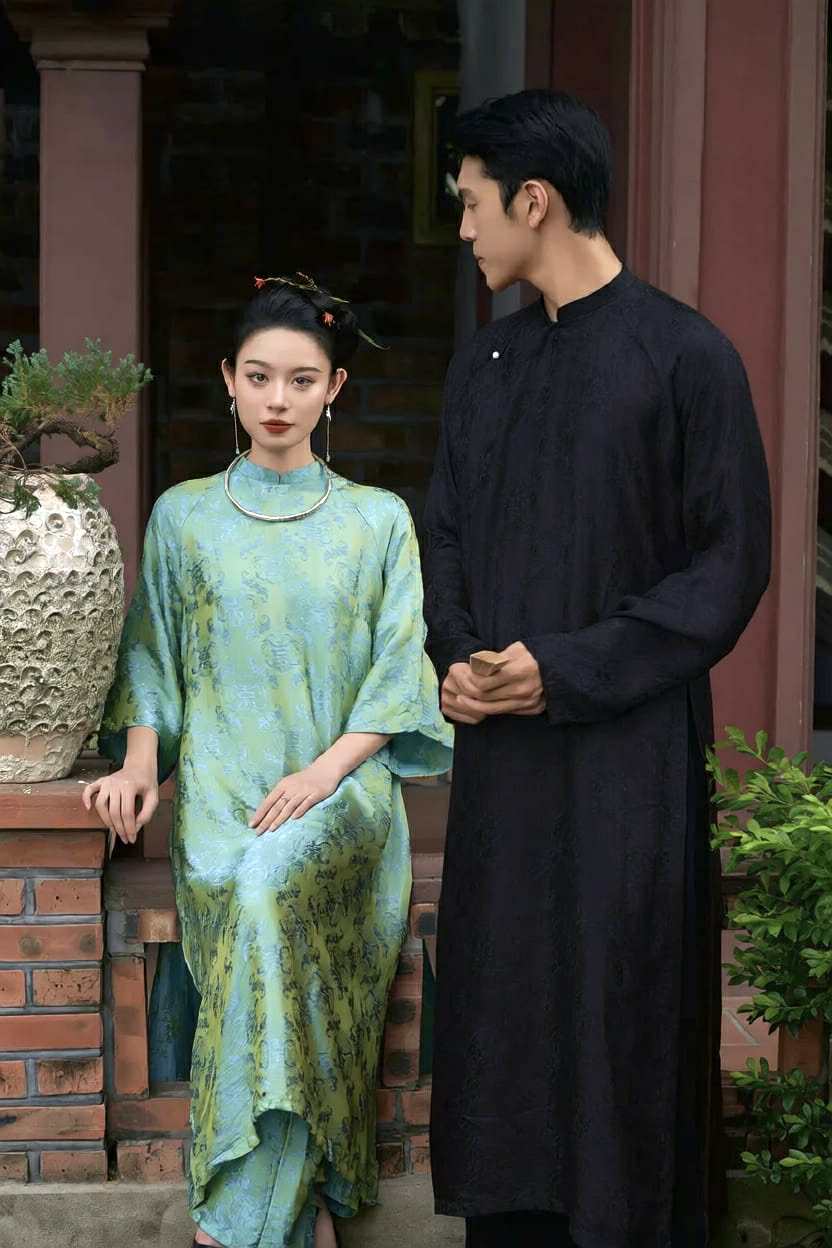 Vietnamese Ao Dai - Loc Tho Ao Dai for Men - Wormsilk - styled presentation in green by Moc - Men