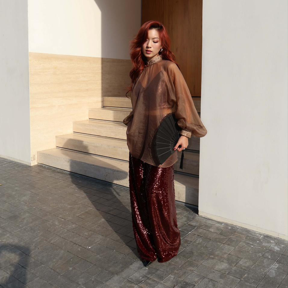 Vietnamese Ao Dai - Amber Veil Ensemble – Sheer Organza Top & Sequin Trousers - side profile in brown by Hy Phuong