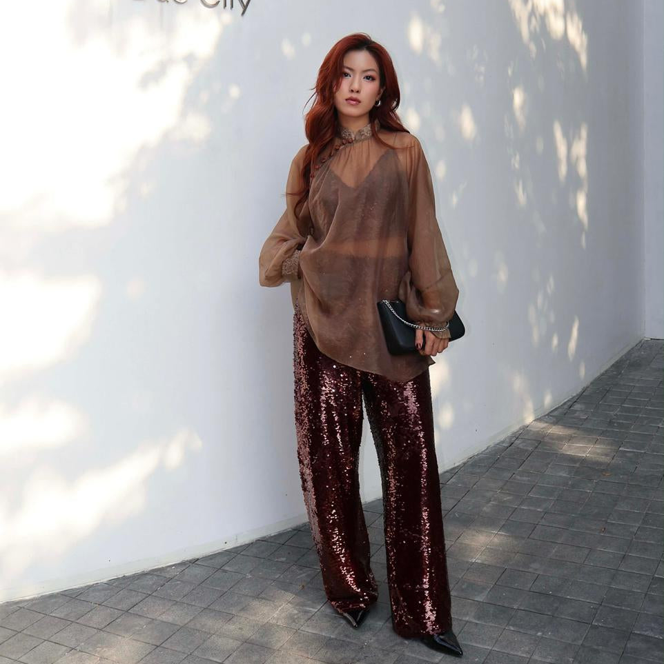 Amber Veil Ensemble – Sheer Organza Top & Sequin Trousers - front view in brown by Hy Phuong