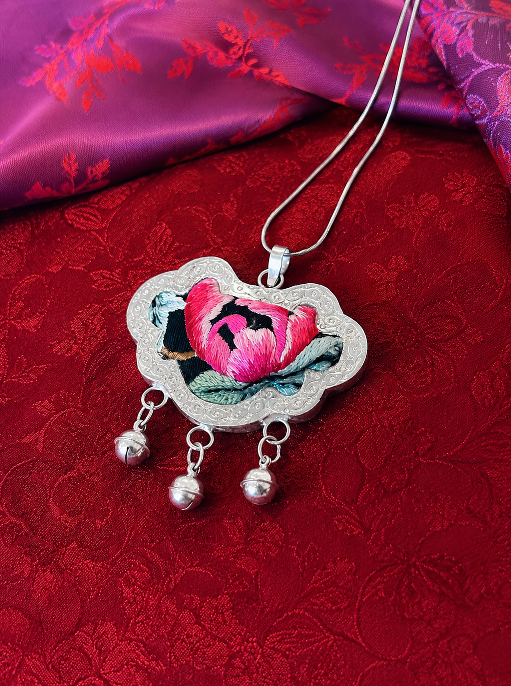 “Peony Blessing” – Miao Silver & Hand-Embroidered Pendant