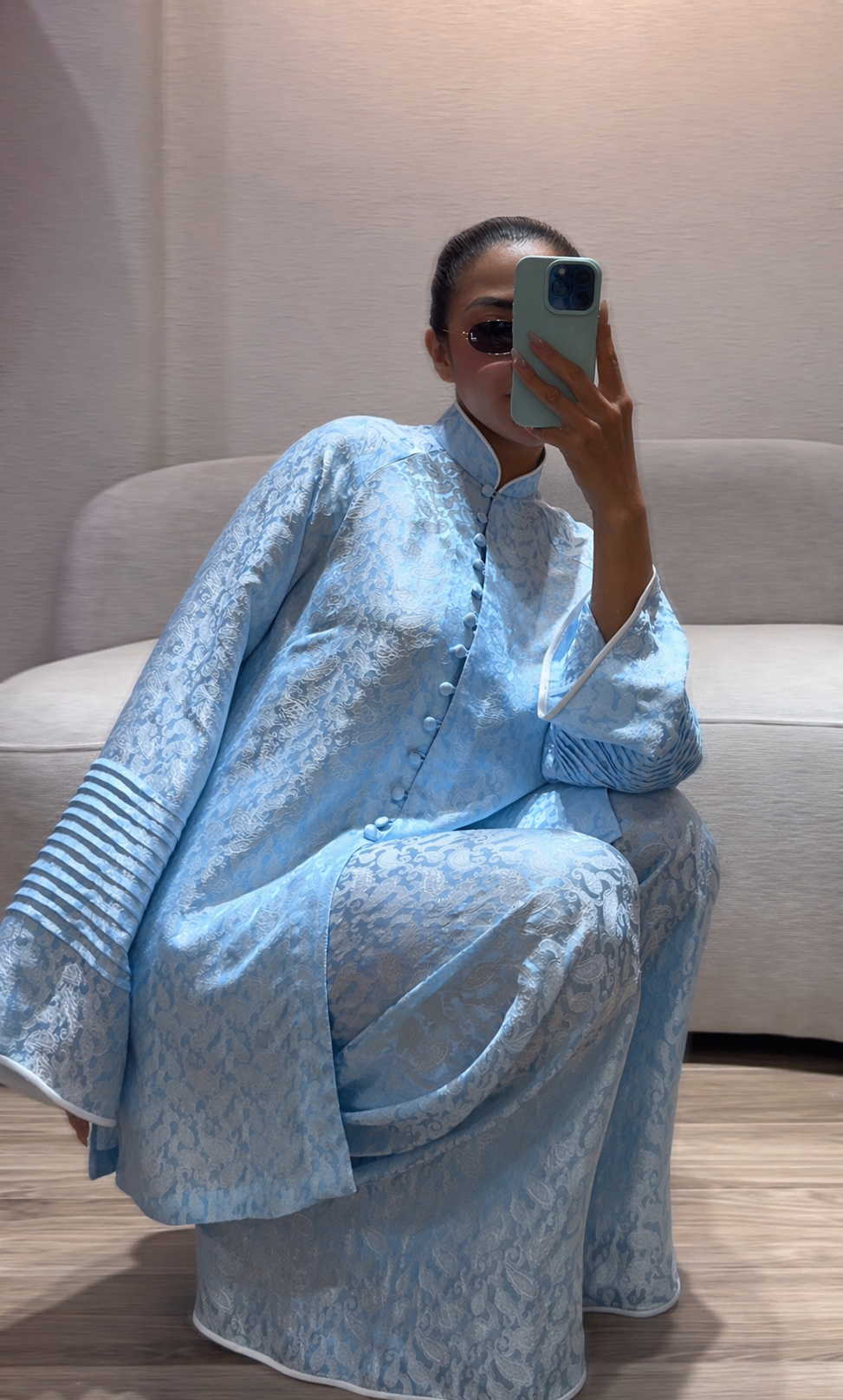 “Celestial Silk” – Wormsilk Modern Áo Bà Ba in Sky Blue with Pleated Sleeve - front view by Ngoc Bui