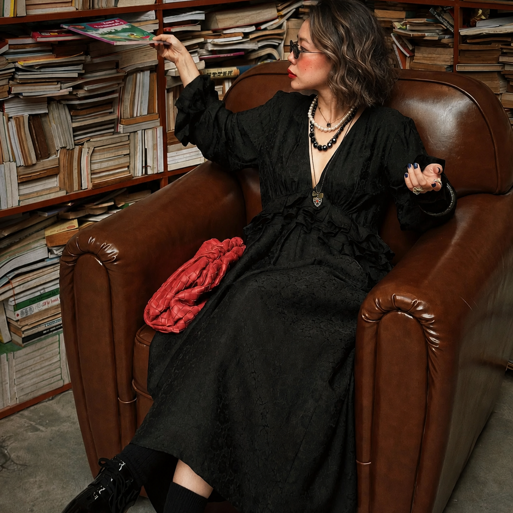 Midnight Rhapsody wormsilk dress, styled seated: fluid silhouette with gathered sleeves and ruffled cuffs