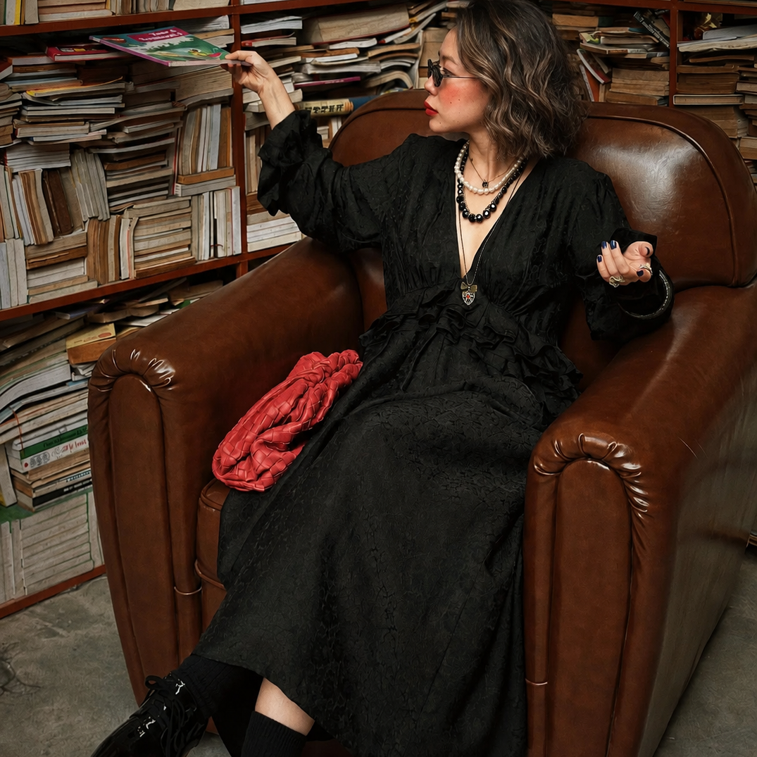 Midnight Rhapsody wormsilk dress, styled seated: fluid silhouette with gathered sleeves and ruffled cuffs